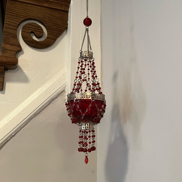 Vintage Other - Deep red colored glass and beads hanging tealight/votive holder, w Tag. VTG!